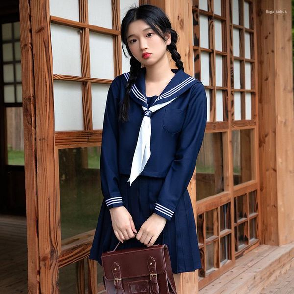 Set di abbigliamento Abito da marinaio blu scuro Uniforme scolastica giapponese Gonna Ragazza Uniformi JK Abito da studente Costume da studentessa coreana Seifuku