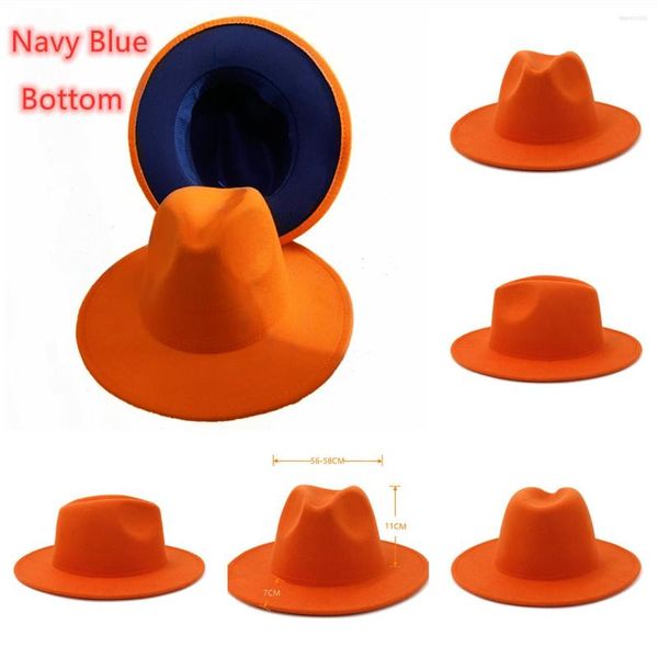 Bérets Simple Orange extérieur bleu marine bas Patchwork feutre chapeau femmes hommes large bord laine Jazz Fedora chapeaux Panama vente en gros
