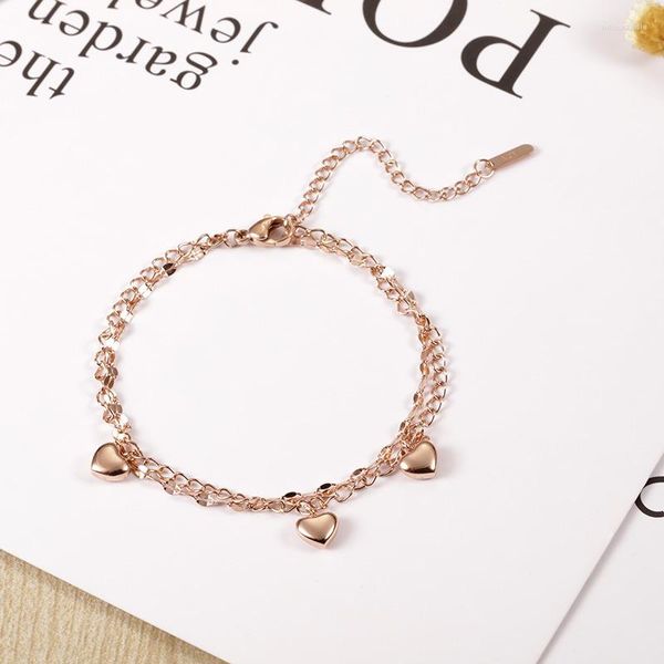 Gliederarmbänder Roségold Farbe Glänzendes Herz Zwei Linien Kette Mehrschichtiges Statement-Armband Edelstahl Luxusschmuck Kein Verblassen