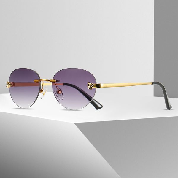 Sonnenbrillen für Damen, Sonnenbrillen-Designer, vergoldete Leopardenkopf-Brille, Metallrahmen-Brille, Lunettes Retro, kleine, schmale, randlose, klare, runde Vintage-Brille
