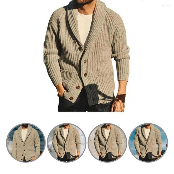 Suéteres masculinos fios de lã Good Pocket Design Men Cardigan Jaqueta leve de manga longa para o inverno