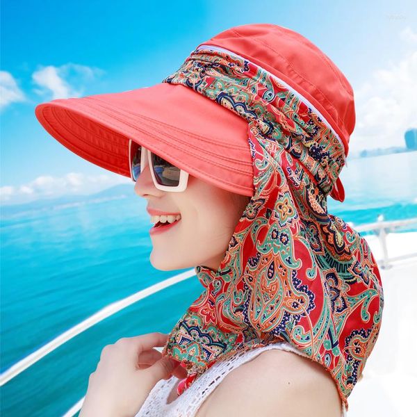 Chapéus largos da borda Moda Mulheres Hat Summer Pouco ao ar livre Anti-UV Sun Beach Praia dobrável Protetor solar Caps Floral Tampe Caps Face Bonga