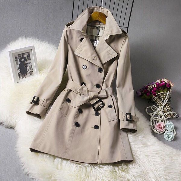 Trench da donna classici Fashion England Trench Middle Long Trench/Design di marca di alta qualit￠ Doppio trench petrolio/tessuto di cotone Khaki Top S-XXL