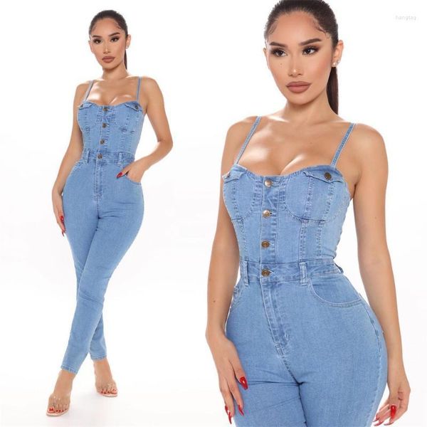 Mumplesuits femininos Spaghetti Strap Button Women Jumpsuit Summer Summer European e American Casual Ladies Roupfits