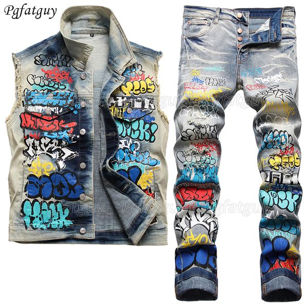 Tute Moto retrò Set da 2 pezzi da uomo Esplosione nucleare Harley Rock Badge Gilet di jeans e jeans elasticizzati strappati Set da due pezzi maschile