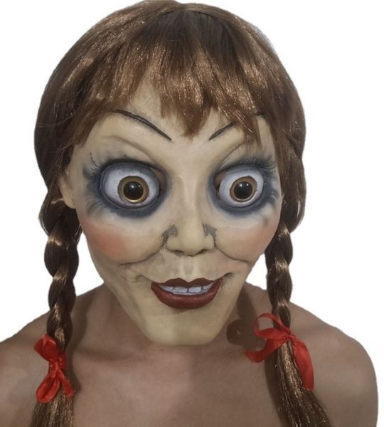 M￡scaras de festa Annabelle Mask Horror Movie Come Home Figurino Props Hearzear com Braid Wig Halloween M￡scara assustadora