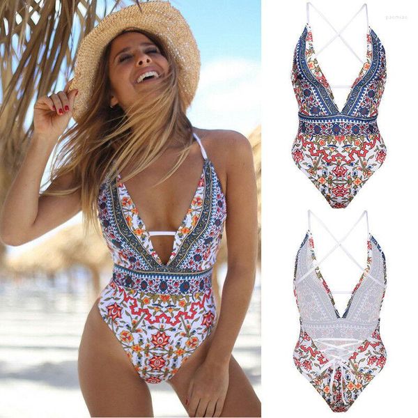 Damen-Bademode, Marke 2022, sexy Damen-Badeanzug mit Vintage-Print, Neckholder, Push-Up, gepolsterter Bikini, Monokini, Strandmode