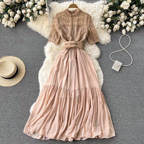 Nuova estate Eleganti donne in piedi Collar Dress Long Dress Vintage Female Patchwork Dress Empire Slim Fairy with Belt 2022