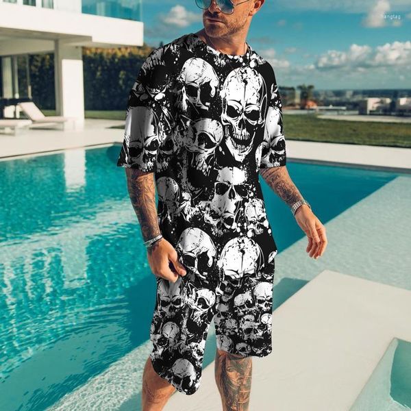 Men's Tracksuits Skull Men Skull 3D Print Personalidade Conjunto para homens de camiseta de verão Roupas de traje masculino de 2 peças