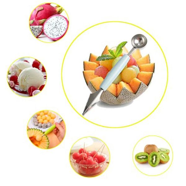 Utensili da cucina 2 in 1 Cucchiaio per gelato Doppio melone in acciaio inossidabile con taglio anguria coltello per intagliare frutta cucchiaio per scavare piatto