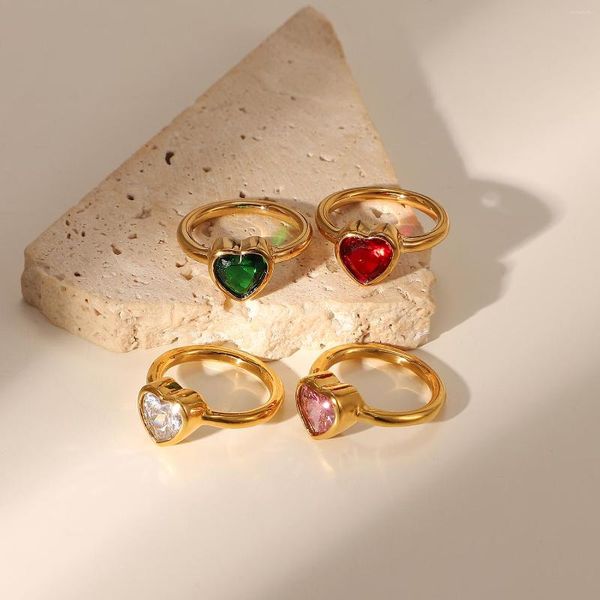 Cluster-Ringe, niedliches Y2K-Herz, Edelstahl, 18 Karat Gold, Schmuck, Kristall, CZ-Stein, großer grüner, roter, rosa, weißer Zirkon für Mädchengeschenk