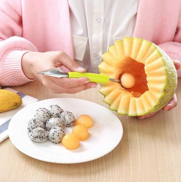 2 in 1 Dual-Head-Obst-Schaufel-Küchenwerkzeuge Edelstahl Melonenschaufel Baller schnitzen Messer Früchte graben Eislöffel Cutter Gadgets