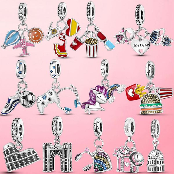 925 Silber Charm Perlen baumeln Reise Eiffelturm Einhorn baumeln Perle passen Pandora Charms Armband DIY Schmuck Zubehör