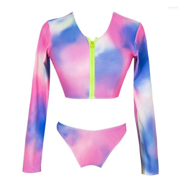 Costumi da bagno da donna Donna 2 pezzi Bikini con stampa tie-dye Manica lunga Cerniera sul davanti Crop Top Vita bassa Perizoma Costume da bagno Protezione solare Costume da bagno