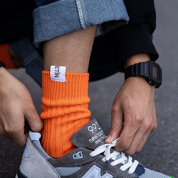 Athletische Socken Chaozhu Male Solid Colors Rib Cotton Thicker Label Top Bright Neon Orange White Red Grey Stretch Heavy Industry Sox L220905
