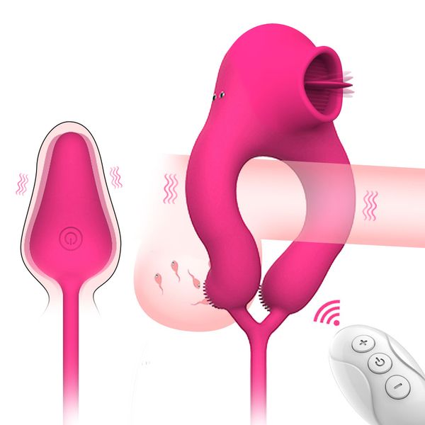 Schönheitsartikel Fernbedienung Zunge lecken Klitorisstimulator Analplug Vibrierendes Ei Sperre Spermaring Männlich verzögerte Ejakulation sexy Spielzeug