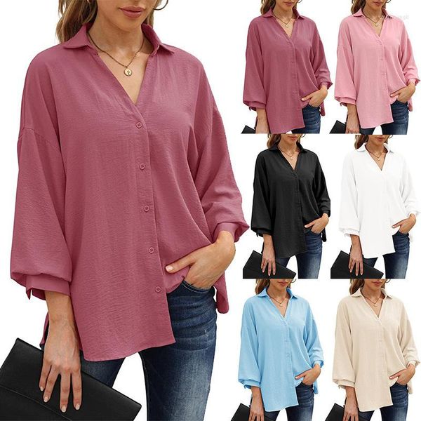 Blusas Femininas Blusa Decote em V Cor Pura Chiffon Camisa Casual Manga Lanterna de Sete Pontos Manga de Botão Vestir Camisas de Mujer