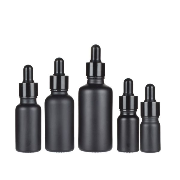 Bottiglie di olio essenziale di vetro nero opaco Flacone contagocce con tappo in alluminio anodizzato lucido 5ml 10ml 15ml 30ml 50ml 100ml