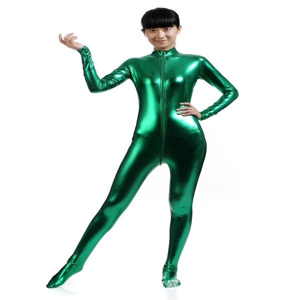 Abito divertente unisex Costumi catsuit metallici lucidi Tuta nera lycar Spandex Zentai Body Costumi di scena per club party cerniera frontale senza cappuccio e guanti