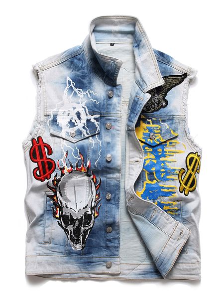 Sommer Beiläufige Lose Weste Metall Rock Abzeichen Gestickte Weste Für Männliche MotoBiker Baumwolle Denim Ärmellose Jacken Veste Homme