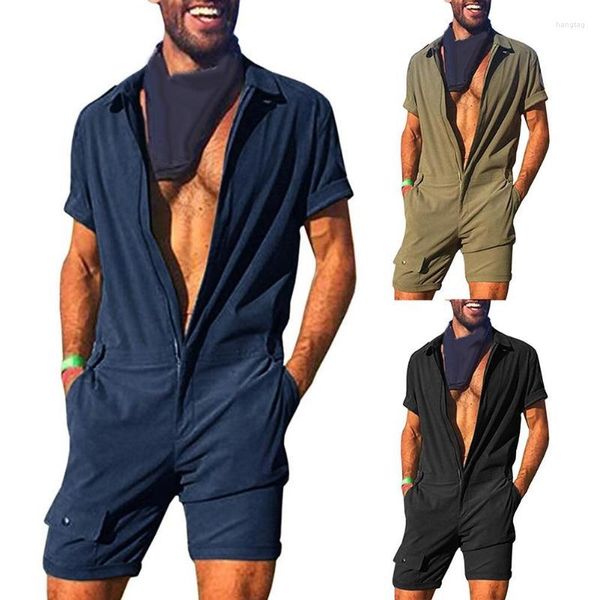 Men's Tracksuits Men 2022 Fashion Summer Homem casual de cor sólida Design de uma peça de traje curto bolso de manga curta zip romance geral