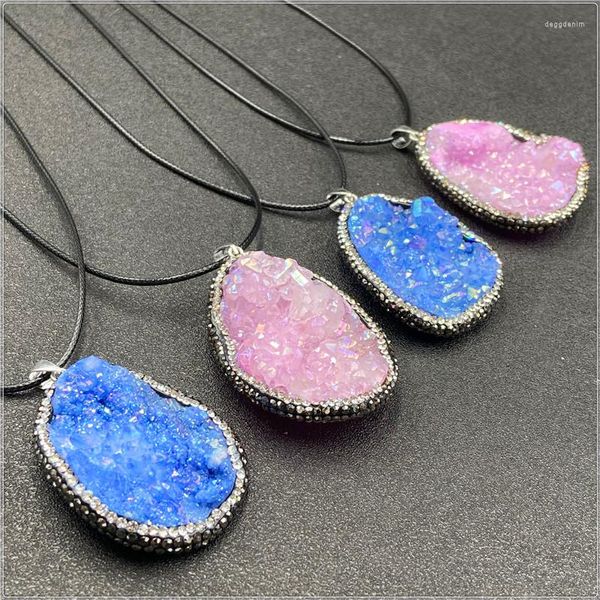 Colares pendentes de colar de cristal natural colar de cristal grande pêndulo de rocha de rocha azul quartzo rosa para mulheres cura