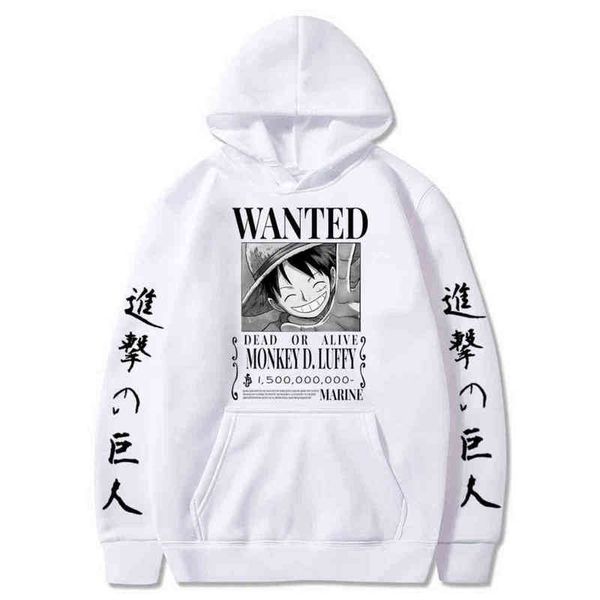 Hoodies Hoodie One Piece Luffy Anime Saldırısı Titan Polar Kazak Sweatshirts Sokak Giyim Büyük Boy Kıyafetler Y211122