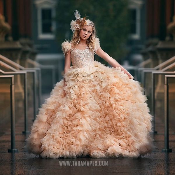 Champagner-Rüschen-Feder-Blumenmädchenkleider für die Hochzeit, Prinzessin-Festzug-Kleider für Fotoshooting, Tüll-Erstkommunion-Kleid