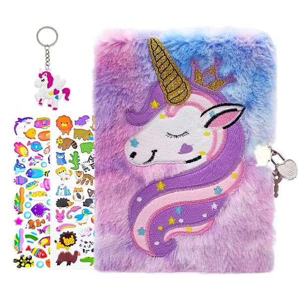 Notos de notas Diário Unicorn com teclas de trava para garotas garotas Presente fofo Notebook A5 Tamanho Secreto Journal Fuzzy com 1 chaveiro 2 adesivos 220902