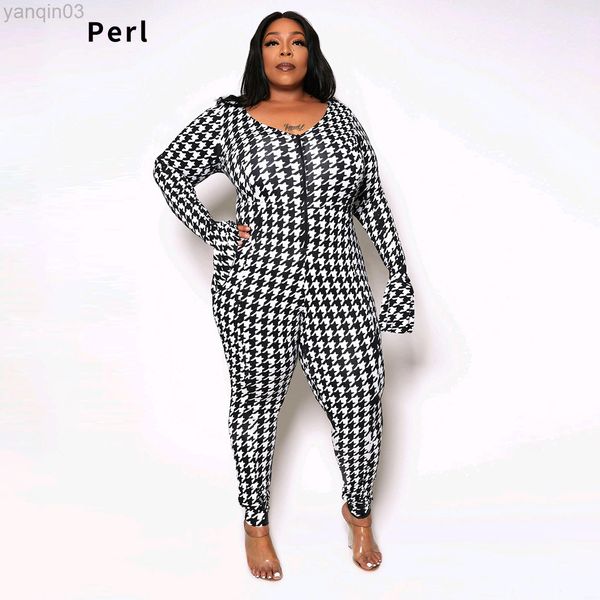 Mumanos de pântanos femininos Perl Plus Size Houndstooth Zipper Sleeve Mumpsuit para mulheres One Piece Rompers de lápis General Casual Autumn Fort L220905