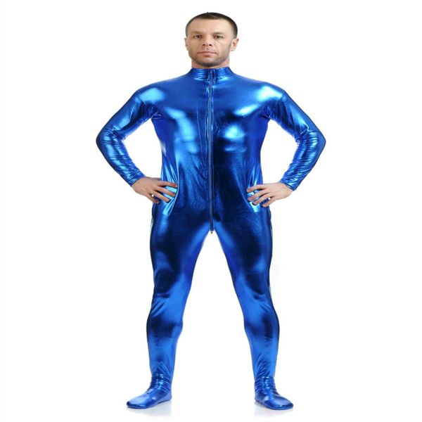 Abito divertente unisex Costumi catsuit metallici lucidi Tuta nera lycar Spandex Zentai Body Costumi di scena per club party cerniera frontale senza cappuccio e guanti