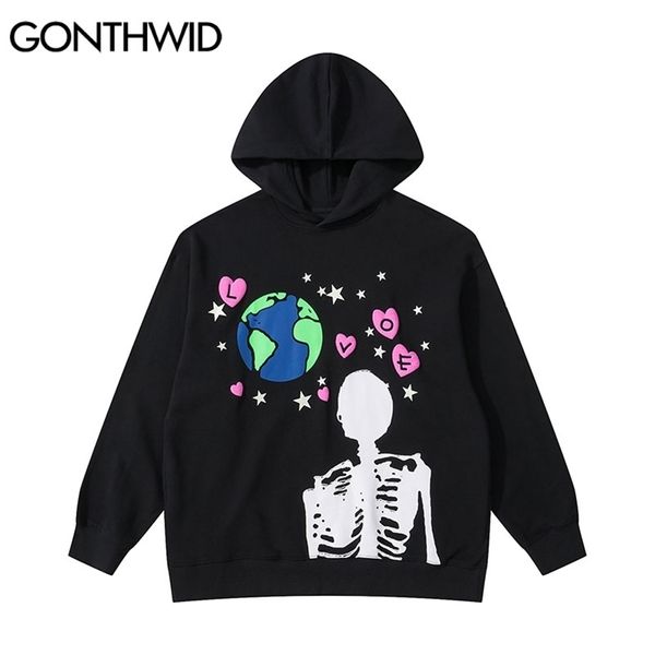 Erkek Hoodies Sweatshirts Gonthwid Hip Hop Hoodie Sweatshirt Street Giyim Dünya İskelet Baskı Punk Gotik Kapüşonlu Kış Harajuku Pamuk Külot Black 220905