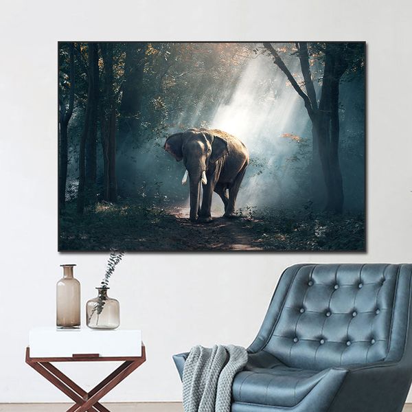 Pittura su tela Foresta astratta Luce solare Elefante Nordic moderno Poster e stampe Immagine di arte della parete per soggiorno Decorazioni per la casa