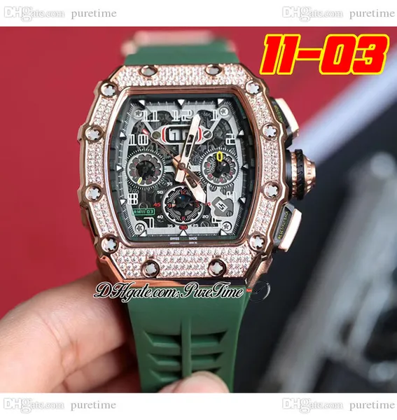 2022 11-03 A21J Orologio automatico da uomo in oro rosa con diamanti lunetta quadrante scheletro grande data corona rossa cinturino in caucciù verde 8 stili orologi Puretime D4