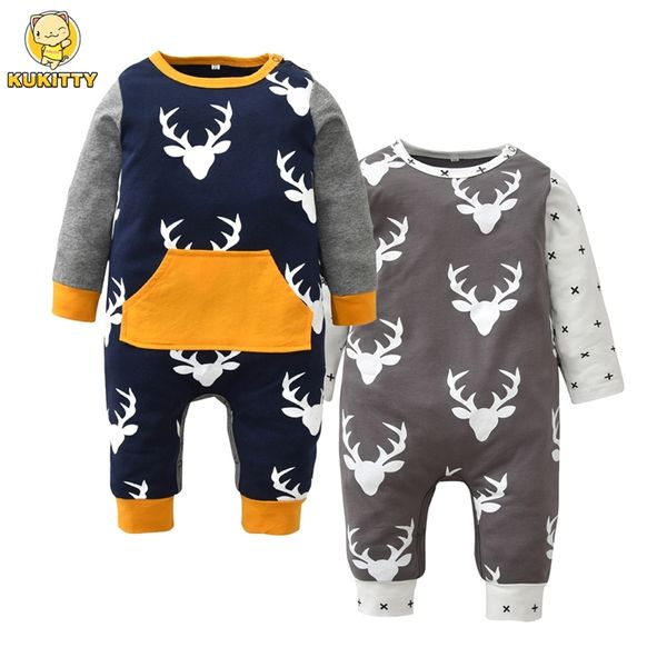 Batar doğan bebek bebek kız kız romper playsuit geyik geyik patchwork uzun kollu tulum toddler Noel kıyafetleri 220919