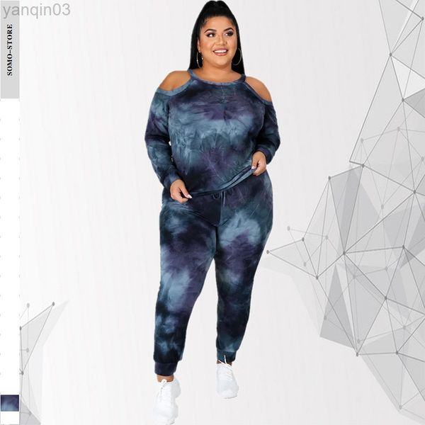 Tute taglie forti da donna 5xl Taglie forti Abbigliamento per donna Spalle scoperte Maniche lunghe Top e pantaloni Set Tie Dye Abiti a due pezzi Dropshipping all'ingrosso L220905