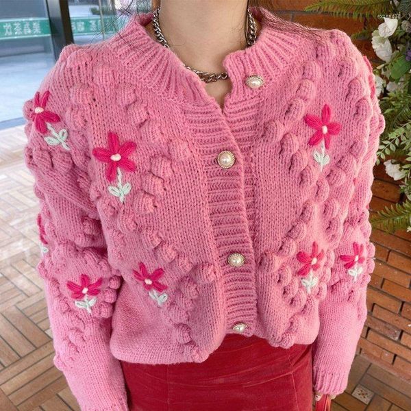Женские толстовки 2022, осенняя мода, мягкий свитер с розовым цветком, кардиган, пальто, женский сексуальный вязаный топ, универсальная бутиковая одежда