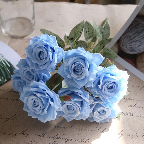 Flores decorativas 9 cabeças Rosas de seda artificial para decorações de jardim de casa azul Rose Flower Froking Party Supply Decor