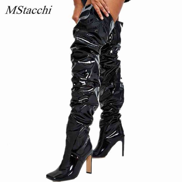 Stiefel Mstapchi Classics Overknee Botas Female Plüsch in Schwarz Square Nose Chunky Heel Plissee Bequeme Schuhe Winter Dij High Boot 220901