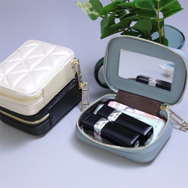Bolsas de cosméticos Casos de batom de fashon caixa quadrada viagens de couro genuíno Caso organizador de maquiagem com espelho lip sticks saco 220905