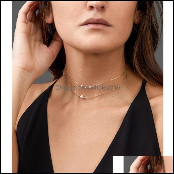 Anhänger Halsketten Einfache zarte Goldschichtige Halsreifen für Frauen Handgemachte Kettenhalskette mit künstlicher Perle Großhandel Drop Deliver Dhkwx