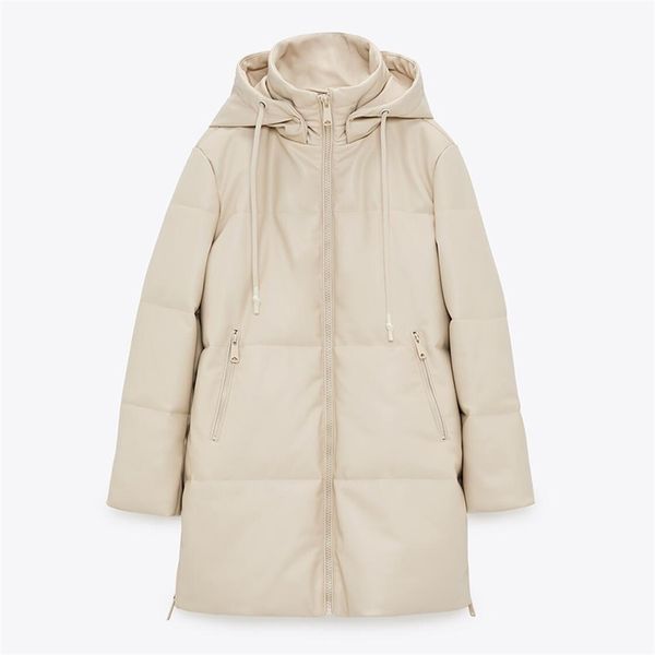 Piumino da donna Parka Malina Sciolto con cappuccio Moda Cappotti in pelle PU beige Cerniera laterale Diviso Giacche lunghe in cotone Donna 220905