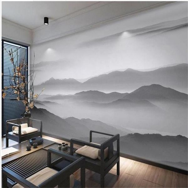 Çin 3D Duvar Kağıdı Siyah Beyaz Dağ TV Arka Plan Duvar Kağıdı Oturma Odası Film ve Televizyon Duvar Kağıdı Duvar Çay Odası 3D Duvar Kağıtları