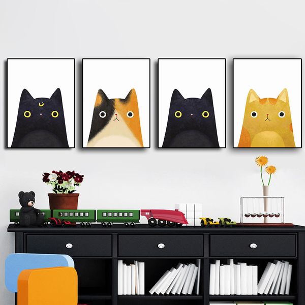 Quadro su tela astratto gatto nero e giallo animale arte scandinava stampa minimalista e poster immagine da parete per soggiorno