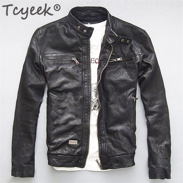 Casaco de couro de couro masculino TCYEEK Genuine Men Men Real Sheep Goat Black Brown Male Bomber Jackets de motocicleta Spring Autumn Mens Clothes L1 220905