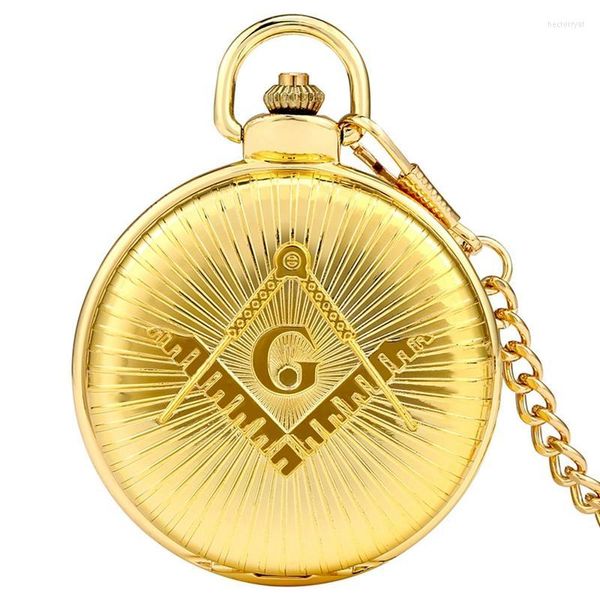 Pocket Watches High Classificada Luxo Maçônico Golden Maçom Tema Bronze Alloy Quartz FOB relógio Royal Chaist Chain Freemasonry Gifts 2022