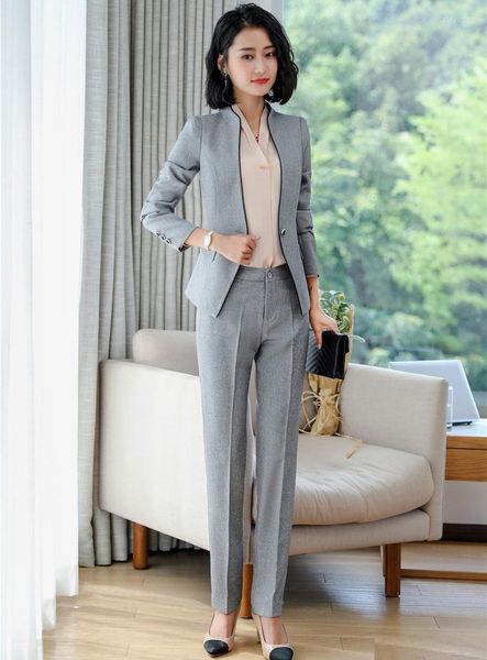 Calças de duas peças femininas moda feminino formato de calça de calça cinza blazer e jaqueta conjuntos de jaquetas usam designs de uniformes de escritório de negócios de mulheres
