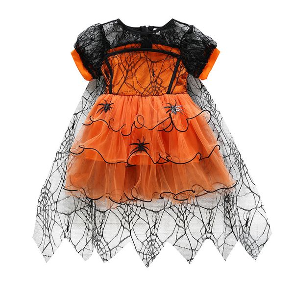 Moda Bambini Abiti da ragazza Strega Abito da principessa in pizzo Zucca di Halloween Costume da festa Abito Spider Web Garza Abiti 20220905 E3