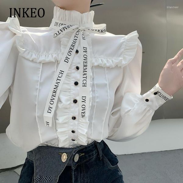 Frauen Blusen Mode Koreanische Rüschen Bluse Frau 2022 Weiß Schwarz Bogen Tasten Laterne Hülse Weibliches Hemd Tops Kleidung INKEO 1T100