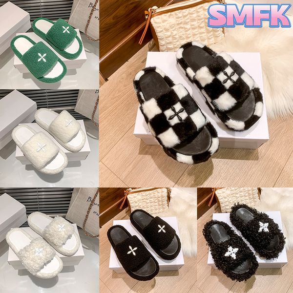 С коробкой Smfk Designer Slippers Compass Bumper Bumper Style Style Shearling Sleepper Whessboard Белая черная зеленая роскошная квартира для женщин Top Womens Sandal